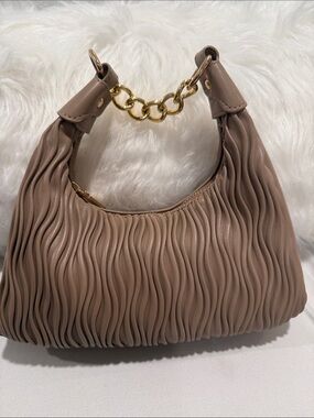 Ruched Dark Beige Small HandBag with Gold Chain Handle